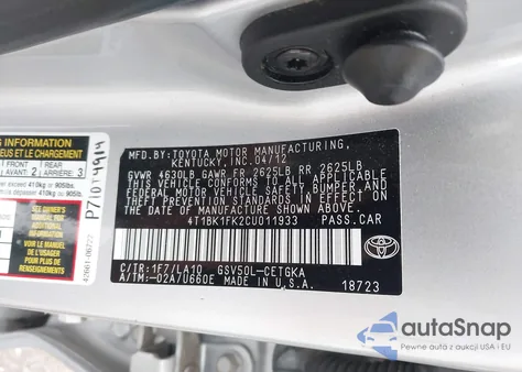 2012 Toyota Camry Xle V6 из США, поврежденный, VIN 4T1BK1FK2CU011933